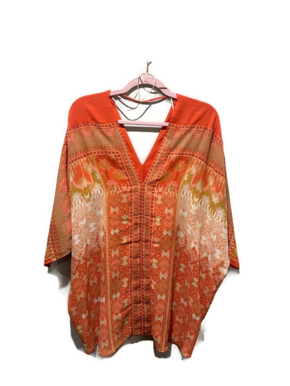 Rose & Olive Boho Sheer Tunic Blouse Orange Floral V-Neck Plus Size 1X New